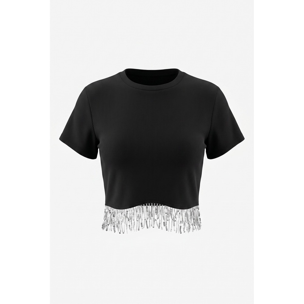 SHEIN Curve Black Ribbed Sequin Fringe Crop Top Plus Size 4XL Short Sleeve Tee